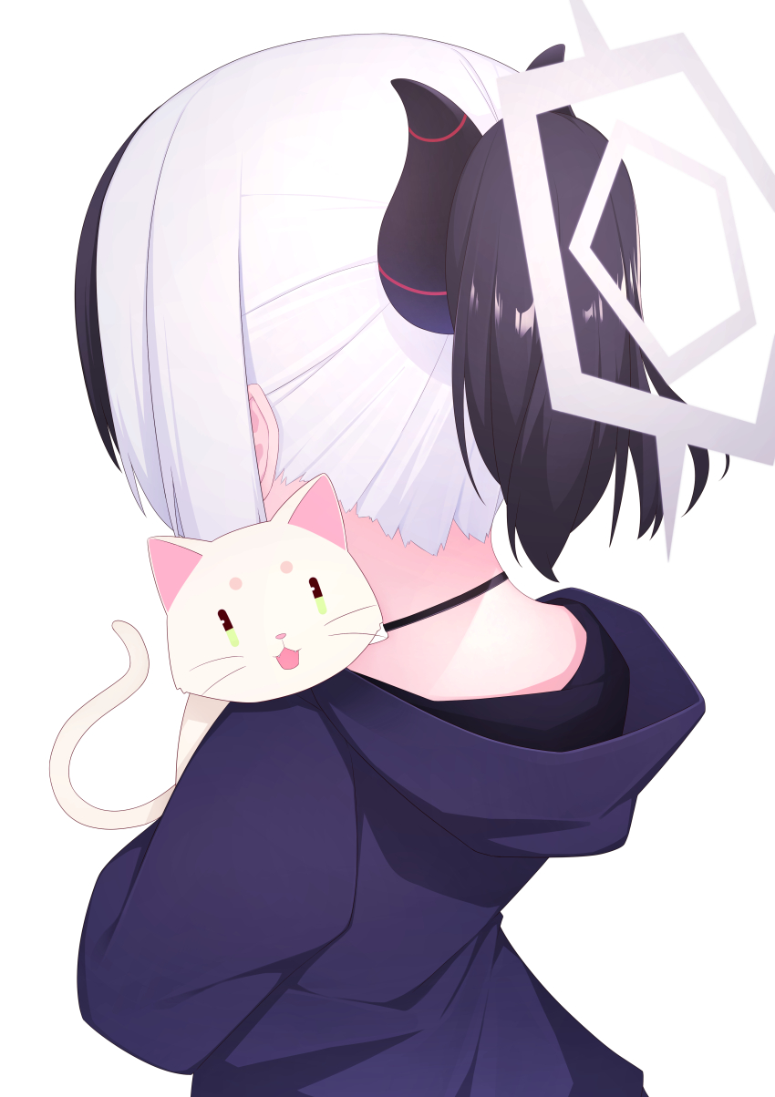 1girl absurdres animal black_choker black_hair black_horns black_jacket blue_archive cat choker commentary_request demon_horns from_above from_behind grey_halo halo highres holding holding_animal holding_cat hood hood_down hooded_jacket horns jacket kayoko_(blue_archive) long_sleeves medium_hair multicolored_hair ponytail sankakkee sidelocks simple_background solo streaked_hair upper_body white_background white_cat white_hair