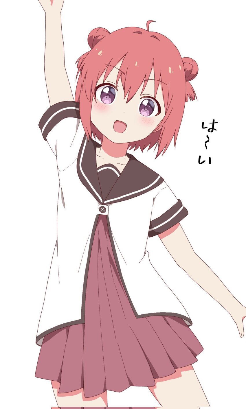 1girl :d ahoge akaza_akari arm_up black_sailor_collar blush commentary corrupted_twitter_file cowboy_shot double_bun dress hair_between_eyes hair_bun highres looking_at_viewer nanamori_school_uniform open_mouth pink_dress pleated_dress poteto_furai purple_eyes red_hair sailor_collar school_uniform serafuku shirt short_hair short_sleeves simple_background smile solo tareme translated two_side_up white_background white_shirt yuruyuri