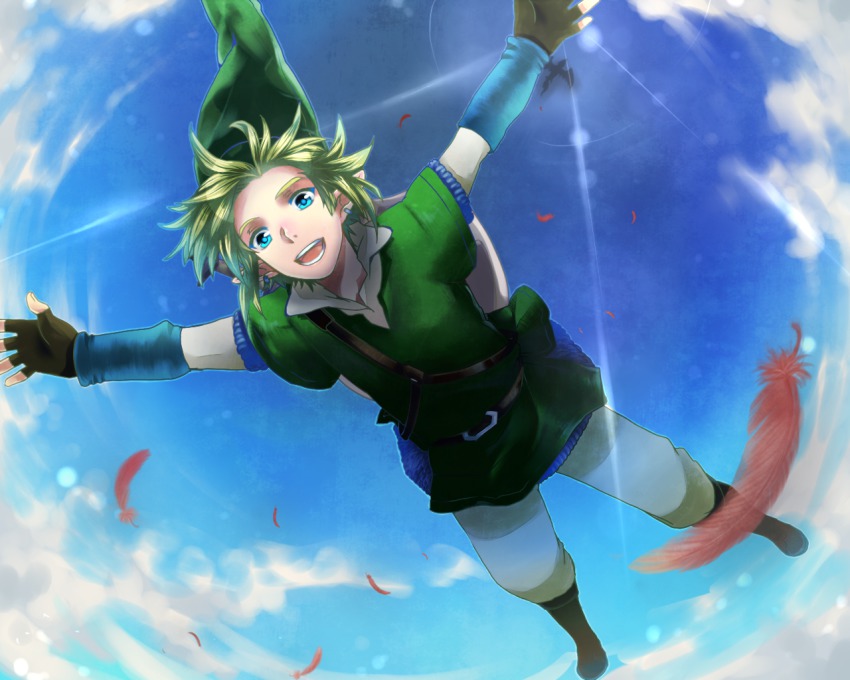 1boy aka_ruuko belt blonde_hair blue_eyes day earrings feathers gloves hat image_sample jewelry link loftwing male_focus md5_mismatch nintendo pixiv_sample pointy_ears sky smile the_legend_of_zelda the_legend_of_zelda:_skyward_sword