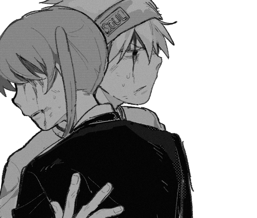1boy 1girl blood blood_from_forehead blood_from_mouth blood_on_face chinese_commentary commentary_request film_grain greyscale hand_on_another&#039;s_back headband highres hug jacket maka_albarn monochrome open_mouth rice_(somasuki_77) screentones short_hair simple_background soul_eater soul_evans white_background