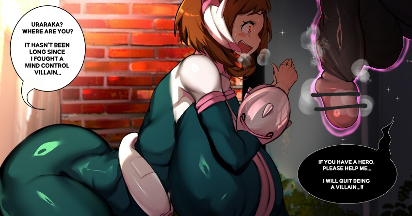 1boy 1girl absurdres ass bar_censor boku_no_hero_academia breasts brown_hair censored dark-skinned_male dark_skin english_text highres huge_breasts huge_penis huge_testicles imminent_penetration imminent_rape interracial kantan looking_at_penis mind_control penis penis_awe red_eyes speech_bubble sweat testicles uraraka_ochako veins veiny_penis