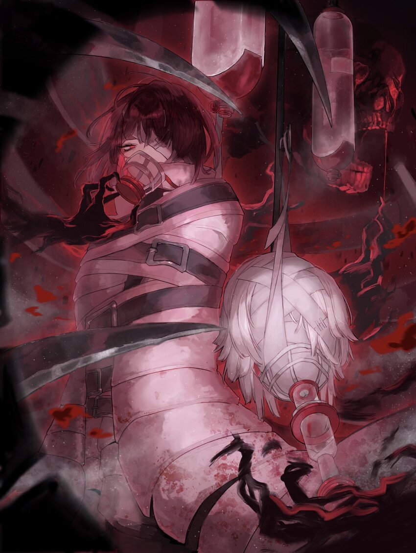 2girls absurdres arr_1l belt black_belt black_fire black_hair bob_cut claws coat e.g.o_(project_moon) faust_(project_moon) fire highres iv_stand limbus_company looking_at_viewer mask multiple_girls oxygen_mask project_moon red_eyes respirator ryoshu_(project_moon) short_hair sleeping_bag_of_a_bygone_day standing straitjacket tank_(container) thoracalgia_(e.g.o) upper_body white_coat white_hair