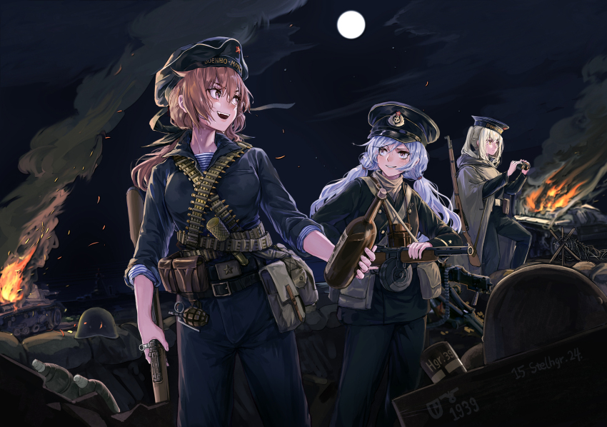 3girls ammunition_belt belt blonde_hair blue_hair brown_hair burning chinese_commentary cloak explosive german_text grenade gun hat highres machine_gun military_combat_uniform military_uniform military_vehicle molotov_cocktail moon motor_vehicle multiple_girls original peaked_cap ppsh-41 red_star rifle russian_text shirt smoke soviet soviet_naval_infantry soviet_navy star_(symbol) stick_grenade striped_clothes striped_shirt submachine_gun sweat tank telnyashka tuziki_sang weapon world_war_ii