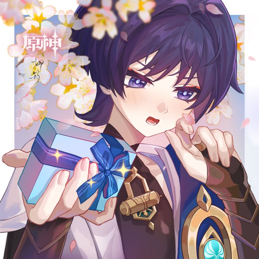 1boy anemo_symbol_(genshin_impact) armor black_bodysuit black_bridal_gauntlets blue_cape blue_gemstone blue_ribbon blunt_ends bodysuit box bridal_gauntlets bright_pupils cape curled_fingers eyeliner eyeshadow fingernails flower gem genshin_impact gift gift_box gold hands_up highres incoming_gift japanese_armor japanese_clothes kimono kote kurokote looking_down lower_teeth_only makeup male_focus mandarin_collar open_clothes open_kimono open_mouth petal_on_head pink_flower pink_petals portrait purple_eyes purple_hair rainbowsugarflower red_eyeliner red_eyeshadow ribbon scaramouche_(genshin_impact) short_sleeves shoulder_peek solo teeth tongue vision_(genshin_impact) wanderer_(genshin_impact) white_flower white_kimono white_pupils white_sleeves