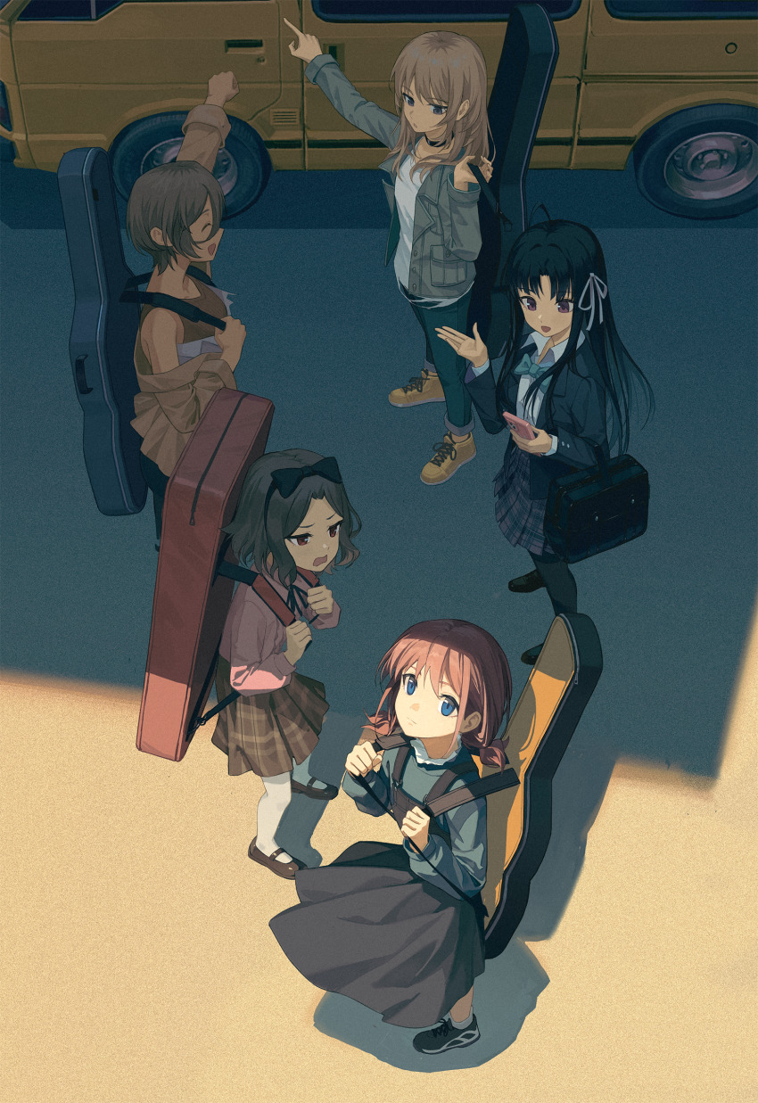 5girls absurdres ahoge awa_subaru black-framed_eyewear black_bow black_choker black_jacket black_overalls black_pantyhose black_shoes blue_bow blue_pants blue_sweater bow brown_hair brown_jacket brown_shoes brown_tank_top cellphone chinese_commentary choker closed_eyes collared_shirt commentary_request dark_skin dododo_(fightingdodo) dress_shirt ebizuka_tomo girls_band_cry grey_eyes grey_hair guitar_case hair_between_eyes highres holding holding_phone instrument_case instrument_on_back iseri_nina jacket kawaragi_momoka loafers long_hair long_hair_between_eyes low_twintails motor_vehicle multicolored_hair multiple_girls open_mouth overalls pants pantyhose parted_bangs parted_lips phone pink_shirt pointing red_eyes roots_(hair) rupa_(girls_band_cry) school_uniform shirt shoes short_hair short_twintails sidelocks smartphone standing sweater tank_top togenashi_togeari twintails unworn_shoes van white_pantyhose white_shirt