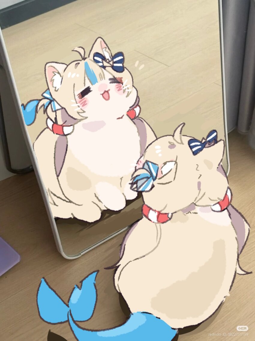 =_= animal animal_focus animalization cat closed_eyes commentary fins fish_tail hashtag-only_commentary highres indie_virtual_youtuber lifebuoy_hair_ornament low_twintails moka_(mokas21004) no_humans open_mouth photo-referenced photo_background sameko_saba smile tail twintails virtual_youtuber