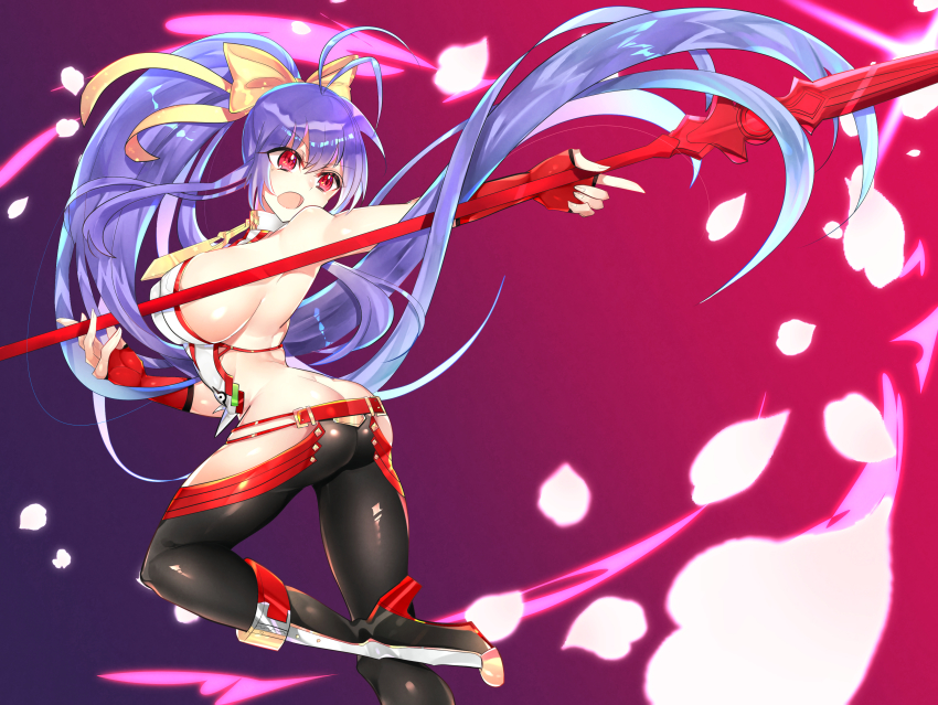 1girl absurdres antenna_hair arc_system_works ass bare_shoulders blazblue blazblue:_central_fiction blazblue_variable_heart boots bow breasts butt_crack female_focus fingerless_gloves gloves hair_bow hair_ribbon halterneck highres kaneaki_mukku large_breasts long_hair mai_natsume no_bra open_mouth outseal pants polearm ponytail purple_hair red_eyes ribbon shiny_clothes shiny_skin sideboob solo spear very_long_hair weapon