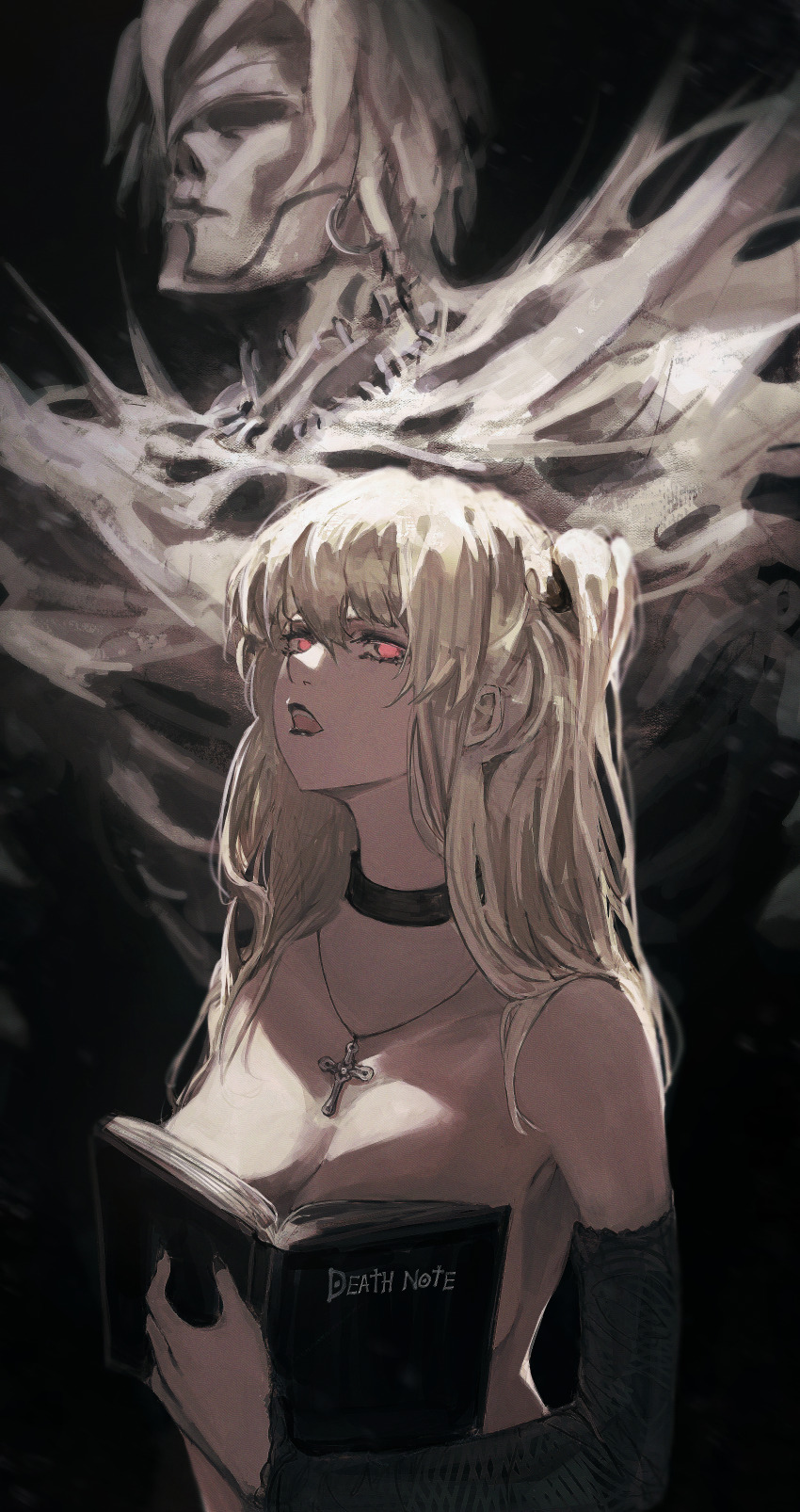 1girl absurdres amane_misa black_background black_choker black_lips black_nails blonde_hair boobs_in_book_(meme) book breasts choker commentary_request covering_breasts covering_privates cross cross_necklace death_note death_note_(object) goth_fashion highres holding holding_book jewelry kolario large_breasts lipstick long_hair makeup meme necklace open_mouth red_eyes rem_(death_note) shinigami topless_female two_side_up