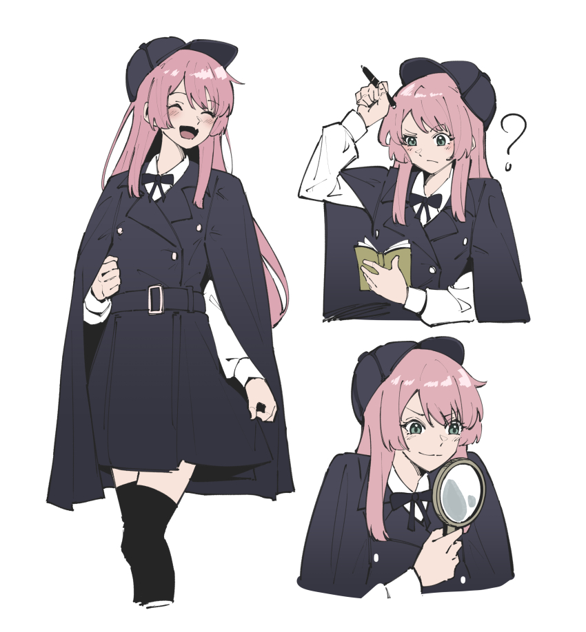 1girl :d ? ^_^ absurdres adapted_costume arm_up bang_dream! bang_dream!_it&#039;s_mygo!!!!! belt belt_buckle black_belt black_bow black_bowtie black_cape black_coat black_hat black_thighhighs blush bow bowtie buckle buttons cape chihaya_anon closed_eyes closed_mouth coat collared_shirt commentary cosplay cropped_legs cropped_torso curled_fingers deerstalker facing_to_the_side fang grey_eyes hat highres holding holding_magnifying_glass holding_notebook holding_pen lapels long_hair long_sleeves looking_at_object magnifying_glass masruu multiple_views notebook open_mouth pen pink_hair raised_eyebrows sherlock_holmes sherlock_holmes_(cosplay) shirt simple_background skin_fang skirt_hold smile the_adventures_of_sherlock_holmes thighhighs uneven_eyes v-shaped_eyebrows white_background white_shirt