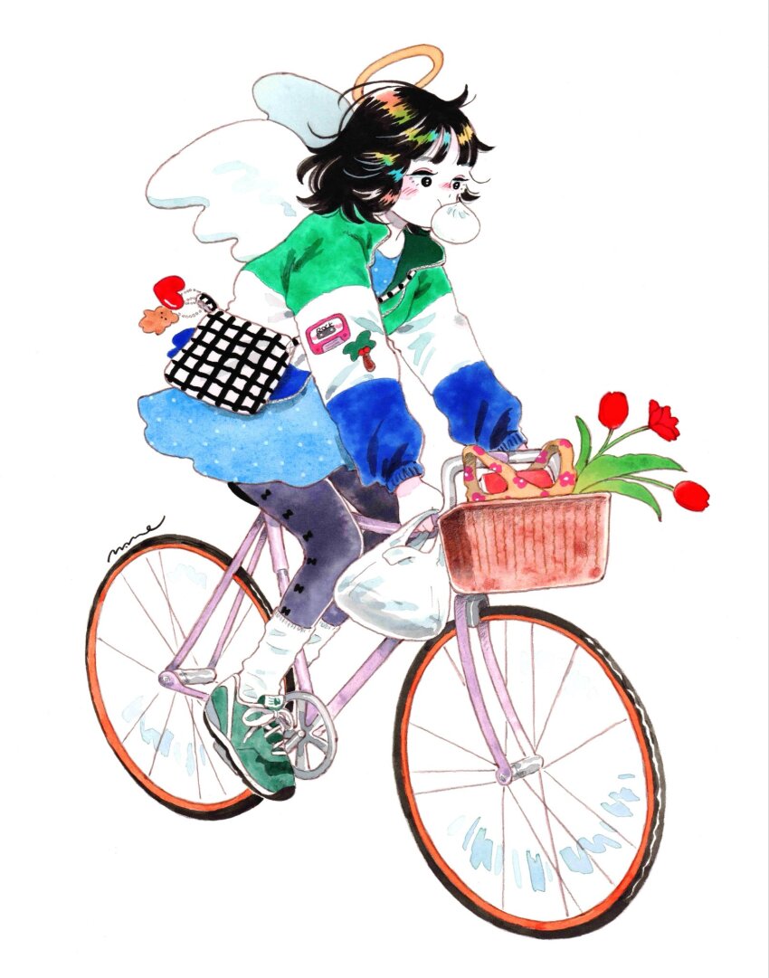 1girl angel angel_wings bag bicycle bicycle_basket black_eyes black_hair blowing_bubble_gum blush chewing_gum colored_skin commentary emamemamo33 flower from_side full_body green_shoes halo highres holding_handlebar iridescent_hair jacket long_sleeves medium_hair multicolored_jacket original pantyhose riding riding_bicycle road_bicycle rose shirt shoes shopping_bag simple_background skirt sneakers socks solo sweater traditional_media white_background white_skin wings