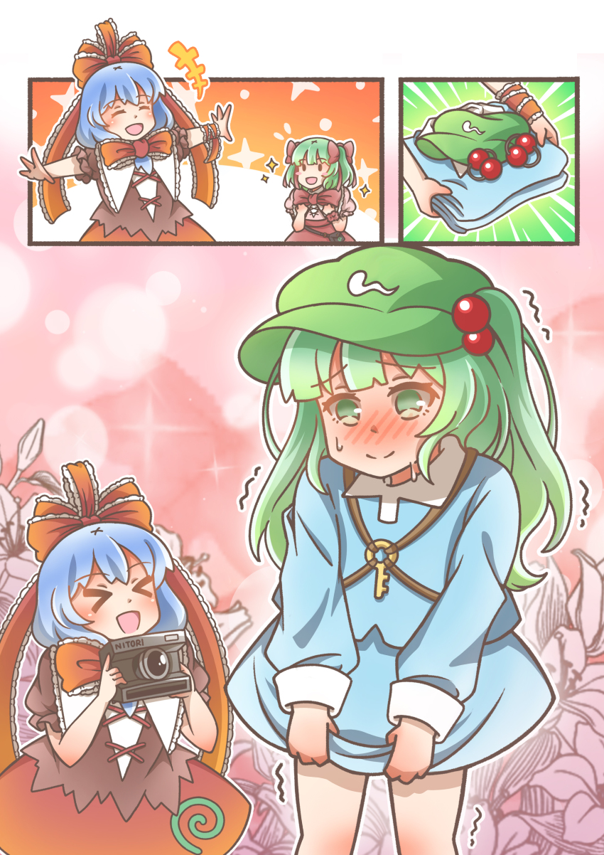 &gt;_&lt; 2girls :o absurdres blue_dress blush camera cosplay costume_switch cowboy_shot dress front_ponytail green_headwear hayo_(qudtjr4682) highres holding holding_camera kagiyama_hina kagiyama_hina_(cosplay) kawashiro_nitori kawashiro_nitori_(cosplay) long_hair multiple_girls shy smile touhou