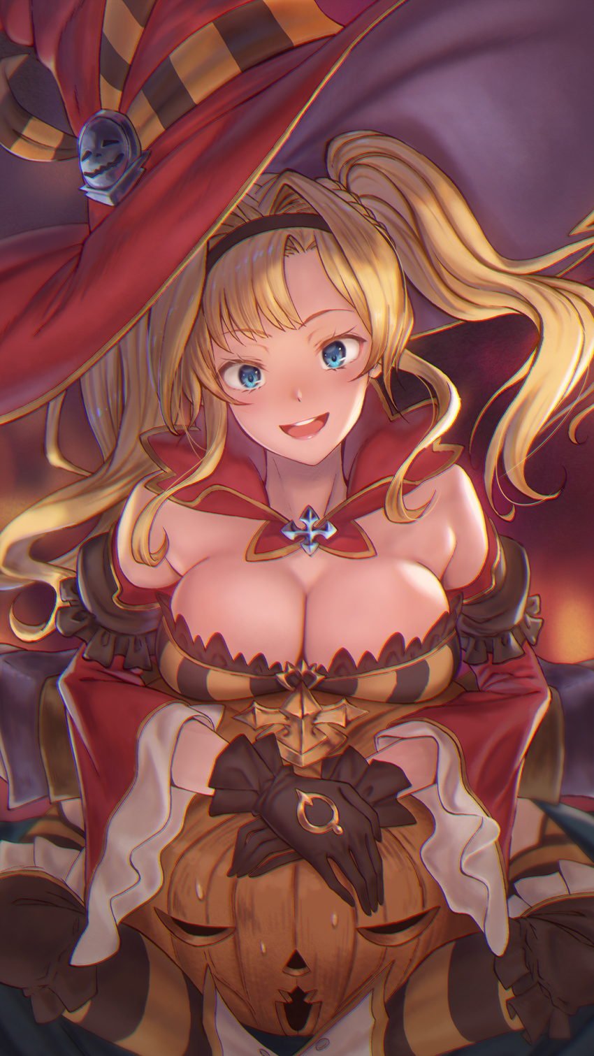 1boy 1girl :d black_gloves black_hairband black_thighhighs blonde_hair blue_eyes blush cape commentary_request detached_sleeves dress fake_horns gloves granblue_fantasy hairband hat head_tilt highres horned_headwear horns jack-o&#039;-lantern long_hair open_mouth red_cape red_headwear red_sleeves sitting sitting_on_person smile striped_clothes striped_dress tekkai_blade thighhighs twintails vaseraga vaseraga_(halloween)_(granblue_fantasy) wide_sleeves witch_hat zeta_(granblue_fantasy) zeta_(halloween)_(granblue_fantasy)