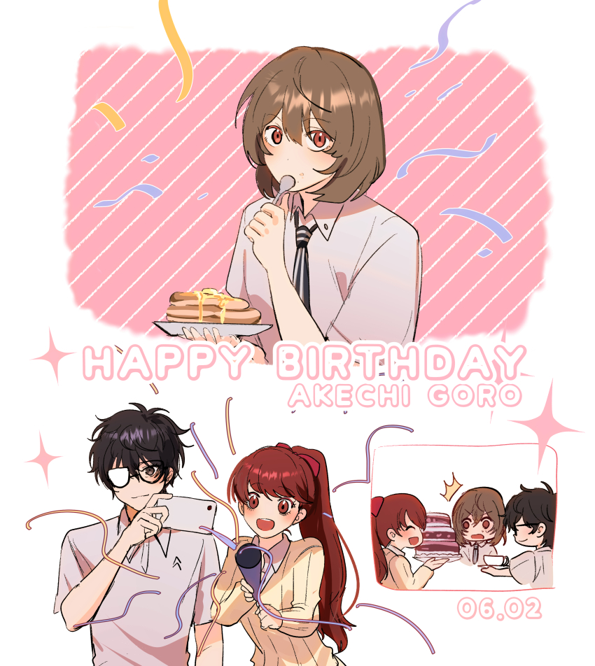 1girl 2boys absurdres akechi_gorou amamiya_ren black_hair brown_hair character_name fsmaichobpeg0 glasses hair_between_eyes happy_birthday highres multiple_boys persona persona_5 persona_5_the_royal ponytail red_eyes red_hair short_hair usami_sumireko