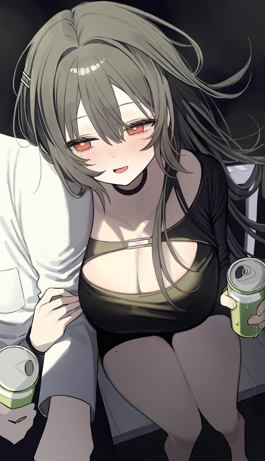 1boy 1girl absurdres artist_request black_choker black_hair blush breasts can choker cleavage commission drink_can from_above hair_ornament hairclip highres holding holding_can large_breasts locked_arms long_hair long_sleeves mole mole_on_thigh open_mouth original red_eyes second-party_source shirt sitting smile solo_focus white_shirt