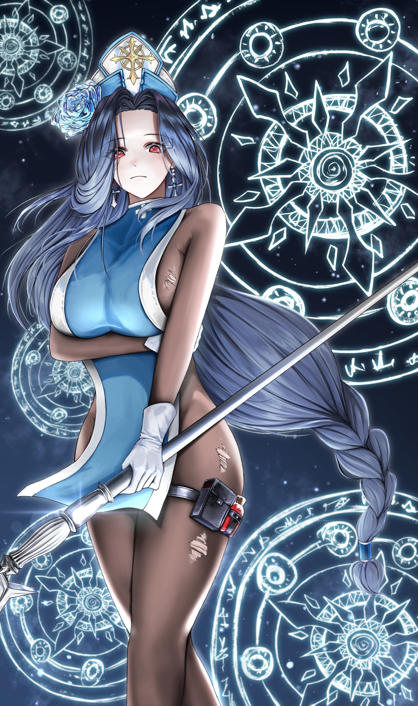 1girl absurdres black_hair blue_background bodystocking bodysuit braid braided_ponytail breasts brown_bodysuit commentary cowboy_shot earrings embarrassed gloves goddess_of_victory:_nikke hat highres holding holding_staff ice_flower jewelry jintan0055 large_breasts light_blush long_hair looking_at_viewer magic_circle maiden_(ice_rose)_(nikke) maiden_(nikke) mitre red_eyes see-through_bodystocking solo staff standing thigh_strap torn_bodystocking torn_clothes very_long_hair white_gloves