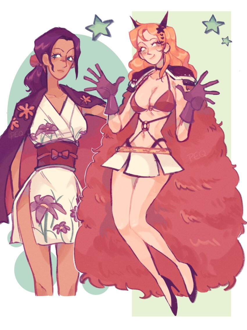 2girls beast_pirates_uniform black_hair bow cape commentary english_commentary floral_print floral_print_kimono gloves hair_bow haori haori_on_shoulders high_heels highres japanese_clothes kimono long_hair looking_to_the_side multiple_girls nami_(one_piece) nami_(one_piece)_(onigashima) nico_robin nico_robin_(onigashima) o-ring obi one_eye_closed one_piece orange_hair peqchesss ponytail print_kimono purple_gloves red_bow sash short_kimono shoulder_pads