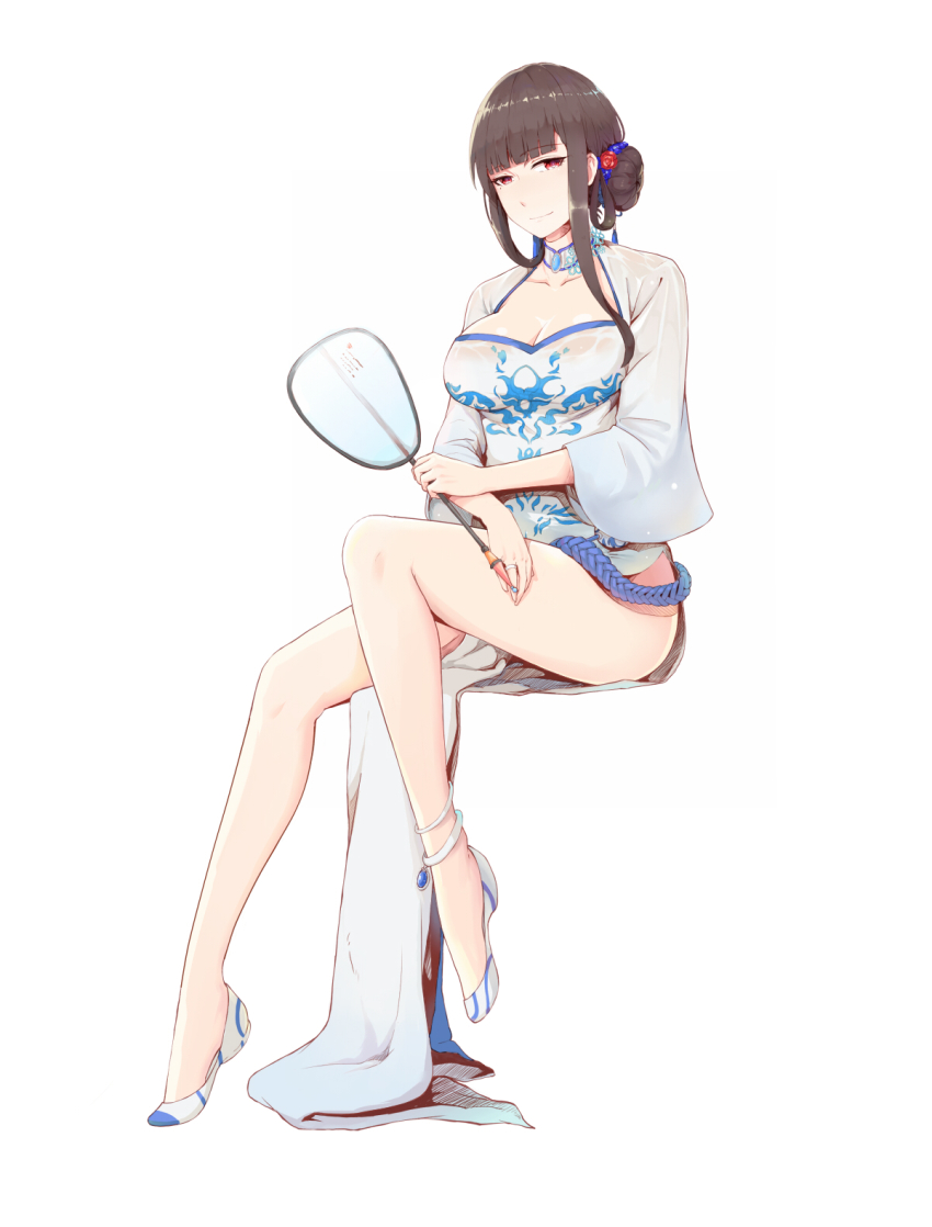 1girl anklet blunt_bangs brown_hair china_dress chinese_clothes dress female_focus full_body hair_ornament highres jewelry looking_at_viewer mole mole_under_eye red_eyes ring short_hair simple_background sitting smile solo warship_girls_r white_background xiao_shei.. yat_sen_(warship_girls_r)