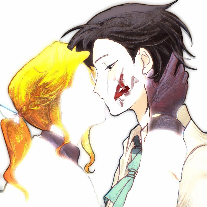 1boy 1girl alice_deross aqua_ascot beijingban18388 black_eyes black_gloves black_hair black_shirt blonde_hair blood blood_on_face bow braid chinese_commentary commentary_request crying gloves hair_bow hand_on_another&#039;s_neck highres identity_v jacket long_hair orpheus_(identity_v) ponytail shirt simple_background white_background white_jacket