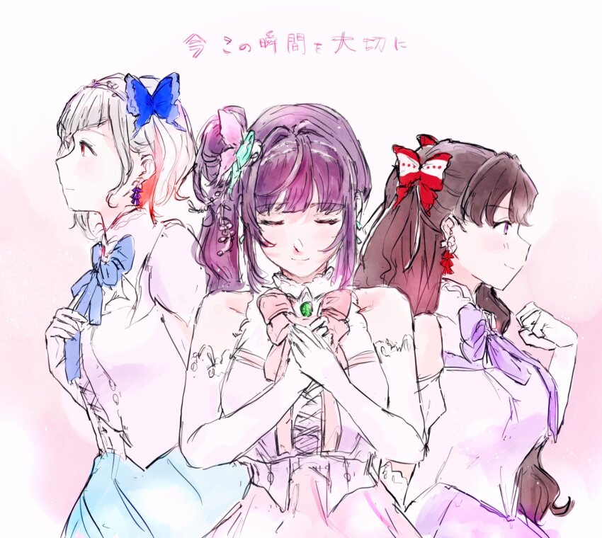 3girls aurora_flower_(love_live!) bare_shoulders blue_ribbon blue_skirt bob_cut breasts brown_hair butterfly_hair_ornament closed_eyes closed_mouth collarbone cross-laced_clothes cross-laced_top diagonal_bangs elbow_gloves facing_viewer fujishima_megumi gloves gradient_background hair_bun hair_ornament hands_on_own_chest highres inverted_bob large_breasts link!_like!_love_live! long_hair love_live! medium_breasts multicolored_hair multiple_girls neck_ribbon official_alternate_costume otomune_kozue pink_background pink_ribbon pink_shirt pink_skirt pleated_skirt profile purple_eyes purple_hair purple_ribbon purple_skirt red_eyes red_hair ribbon shirt short_hair side_ponytail sidelocks sideways_mouth single_side_bun skirt sleeveless sleeveless_shirt smile streaked_hair two_side_up u_u virtual_youtuber white_gloves white_hair yam5565 yugiri_tsuzuri