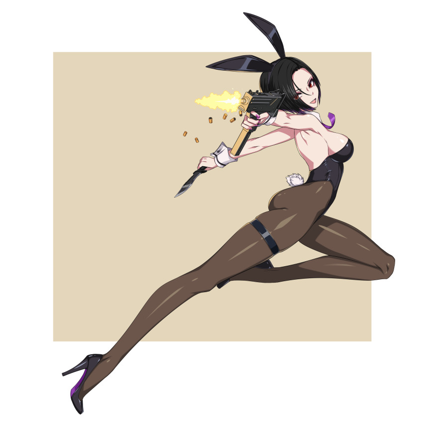 1girl :d absurdres animal_ears black_hair breasts detached_collar fake_animal_ears firing full_body gun hair_over_one_eye high_heels highleg highleg_leotard highres holding holding_gun holding_knife holding_weapon knife leotard mac-10/11 medium_breasts nail_polish necktie open_mouth original pantyhose playboy_bunny purple_necktie rabbit_ears rabbit_tail red_eyes shell_casing short_hair smile solo submachine_gun tail tanke_laide thigh_strap two-tone_background weapon wrist_cuffs