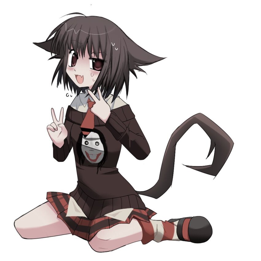 1girl animal_ears blush brown_eyes brown_hair cat_ears cat_girl cat_tail collared_shirt creepypasta double_v fang flying_sweatdrops fridaycarnage full_body jeff_the_killer long_sleeves loose_socks necktie off-shoulder_sweater off_shoulder open_mouth original pleated_skirt shirt short_hair sitting skin_fang skirt socks solo striped_clothes striped_skirt striped_socks sweat sweater tail uneven_eyes v wariza