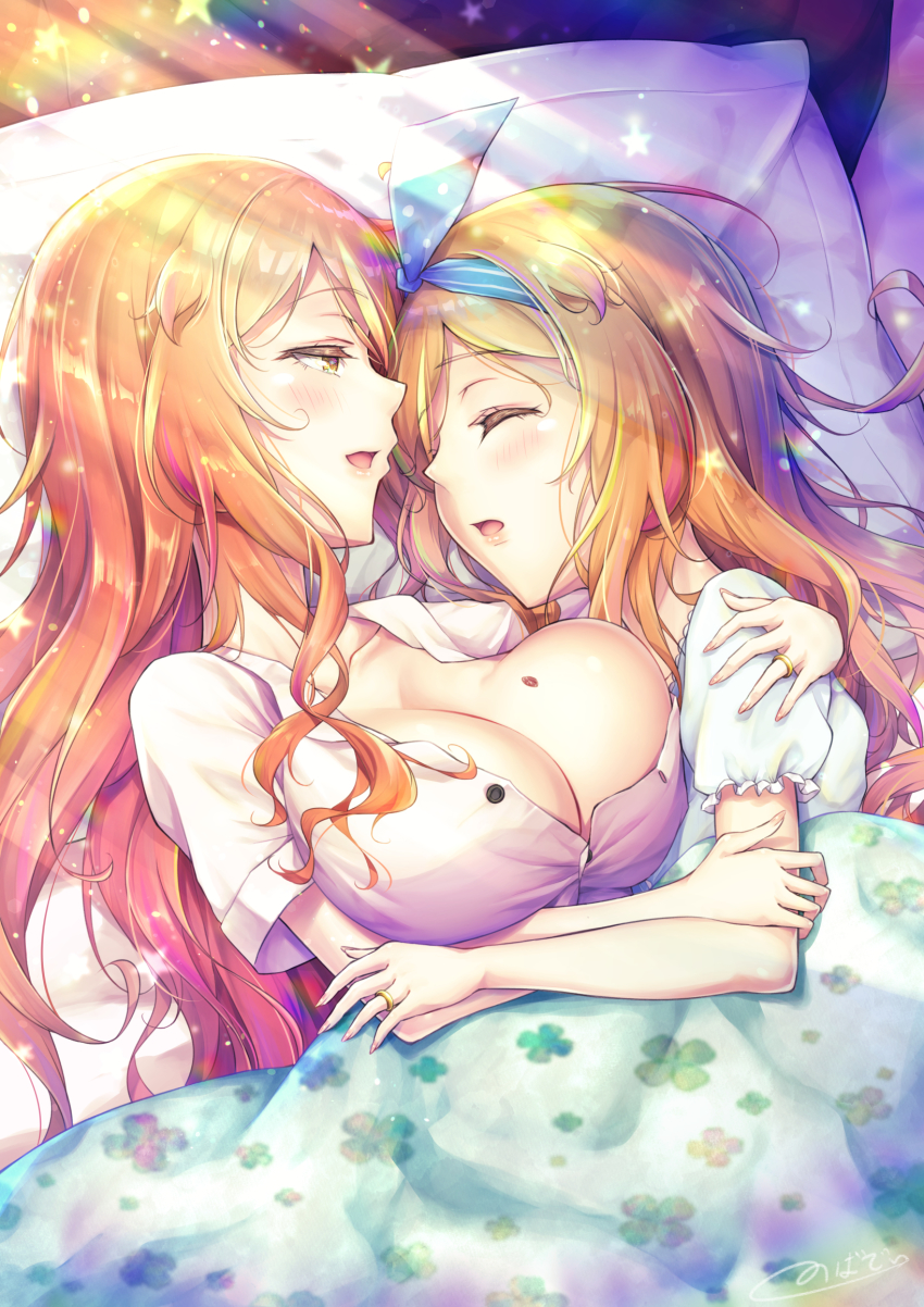 1boy 1girl bed blonde_hair blush breasts brother_and_sister cleavage closed_eyes hair_ribbon hairband highres hug large_breasts long_hair natsusora_aona natsusora_wakana novady open_mouth original pajamas ribbon shiny_skin siblings sleeping trap twins very_long_hair yellow_eyes