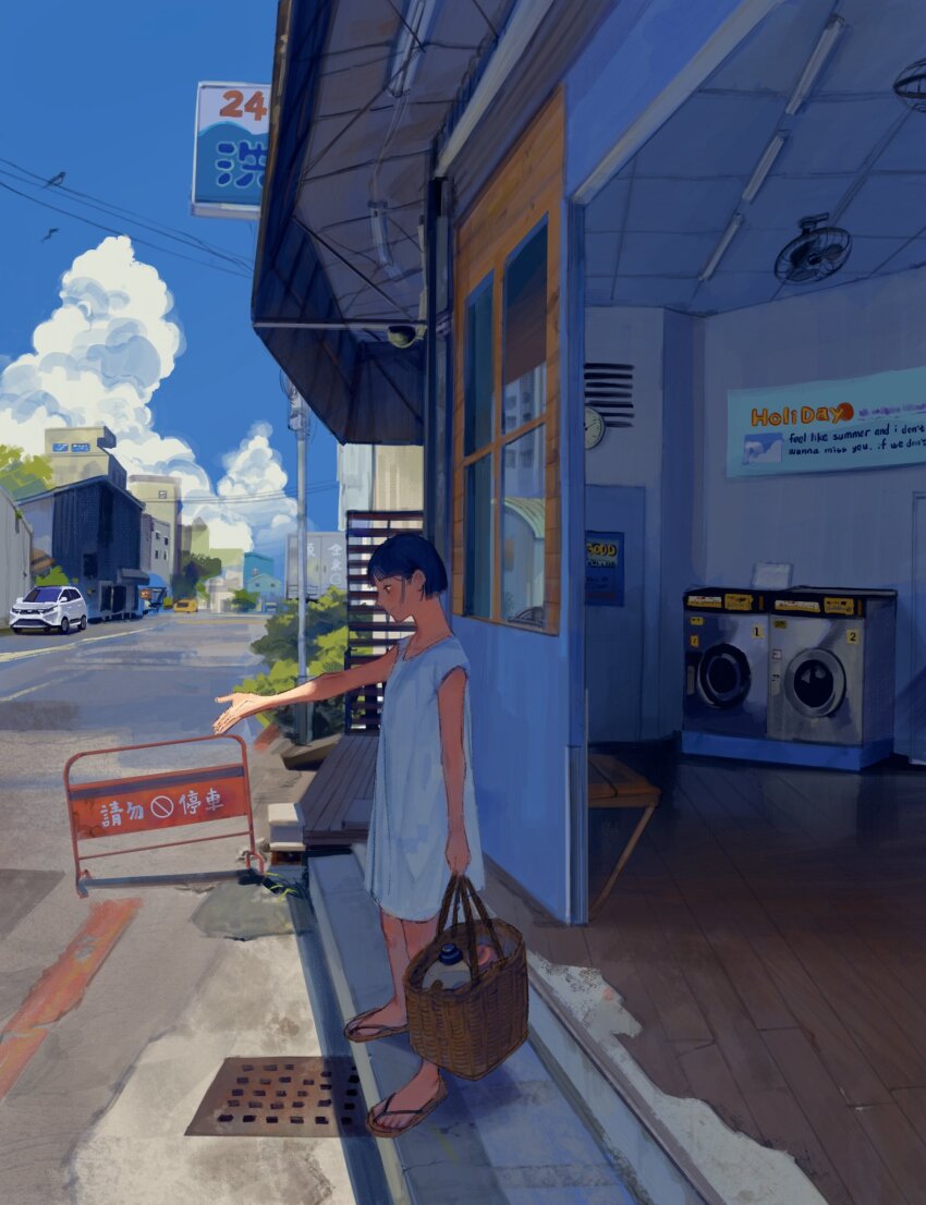 1girl amo_(amo_0514) analog_clock arm_at_side awning basket black_hair blue_sky blush bottle brown_sandals building bush car ceiling_light clock closed_mouth cloud commentary day detergent dress electric_fan english_commentary flip-flops from_side full_body grate hair_behind_ear highres holding holding_basket looking_down motor_vehicle no_parking_sign original outdoors outstretched_arm power_lines profile reflection road sandals sewer_grate shade short_hair short_sleeves sign simple_bird sky smile solo standing street sundress sunlight utility_pole washing_machine white_dress wicker_basket window wooden_floor