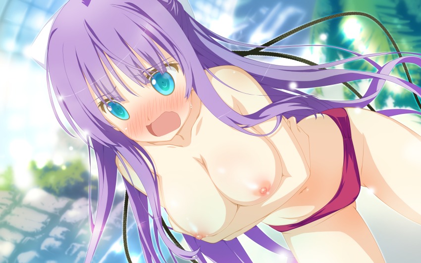 astralair_no_shiroki_towa bikini blue_eyes blush breast_hold breasts embarrassed game_cg highres large_breasts leaning_forward long_hair mizunose_kotori nipples open_mouth purple_hair red_bikini shida_kazuhiro solo swimsuit topless_female very_long_hair wardrobe_malfunction water