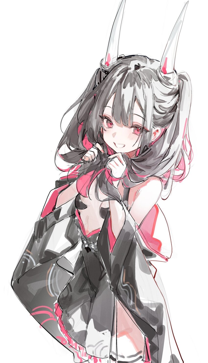 1girl azur_lane bare_shoulders black_dress black_hair breasts commentary cowboy_shot demon_horns dress grin hands_up hatsuzuki_(azur_lane) hatsuzuki_(luxurious_celebration_time)_(azur_lane) highres holding holding_own_hair horns long_hair long_sleeves looking_at_viewer multicolored_hair nekojira off_shoulder official_alternate_costume plunging_neckline red_eyes side_slit simple_background sleeveless sleeveless_dress small_breasts smile solo symbol-only_commentary two-tone_hair two_side_up very_long_hair white_background wide_sleeves
