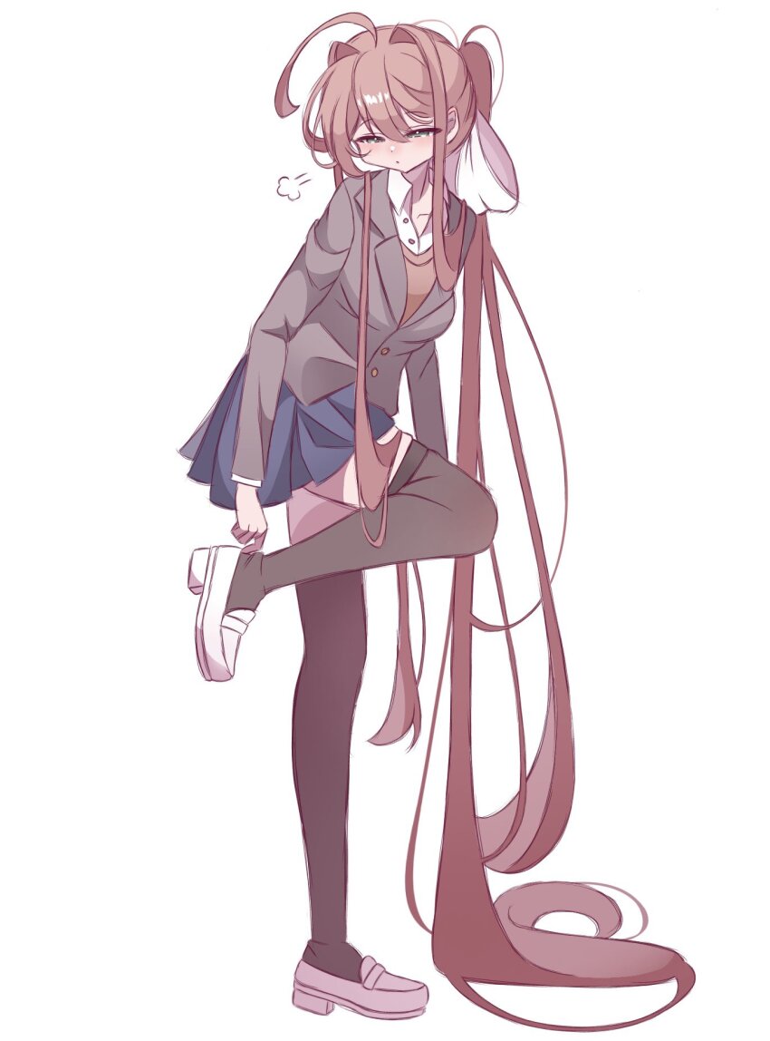 1girl black_thighhighs blazer blue_skirt bow breasts brown_hair brown_jacket doki_doki_literature_club doki_doki_literature_club_school_uniform double-parted_bangs green_eyes grey_jacket hair_between_eyes hair_bow hair_ribbon highres jacket loafers long_hair long_sleeves monika_(doki_doki_literature_club) multiple_girls open_mouth orange_sweater_vest orange_vest ponytail ribbon school_uniform shirt shoes sidelocks skirt solo sweater_vest thighhighs very_long_hair vest white_background white_bow white_ribbon white_shoes why_zep