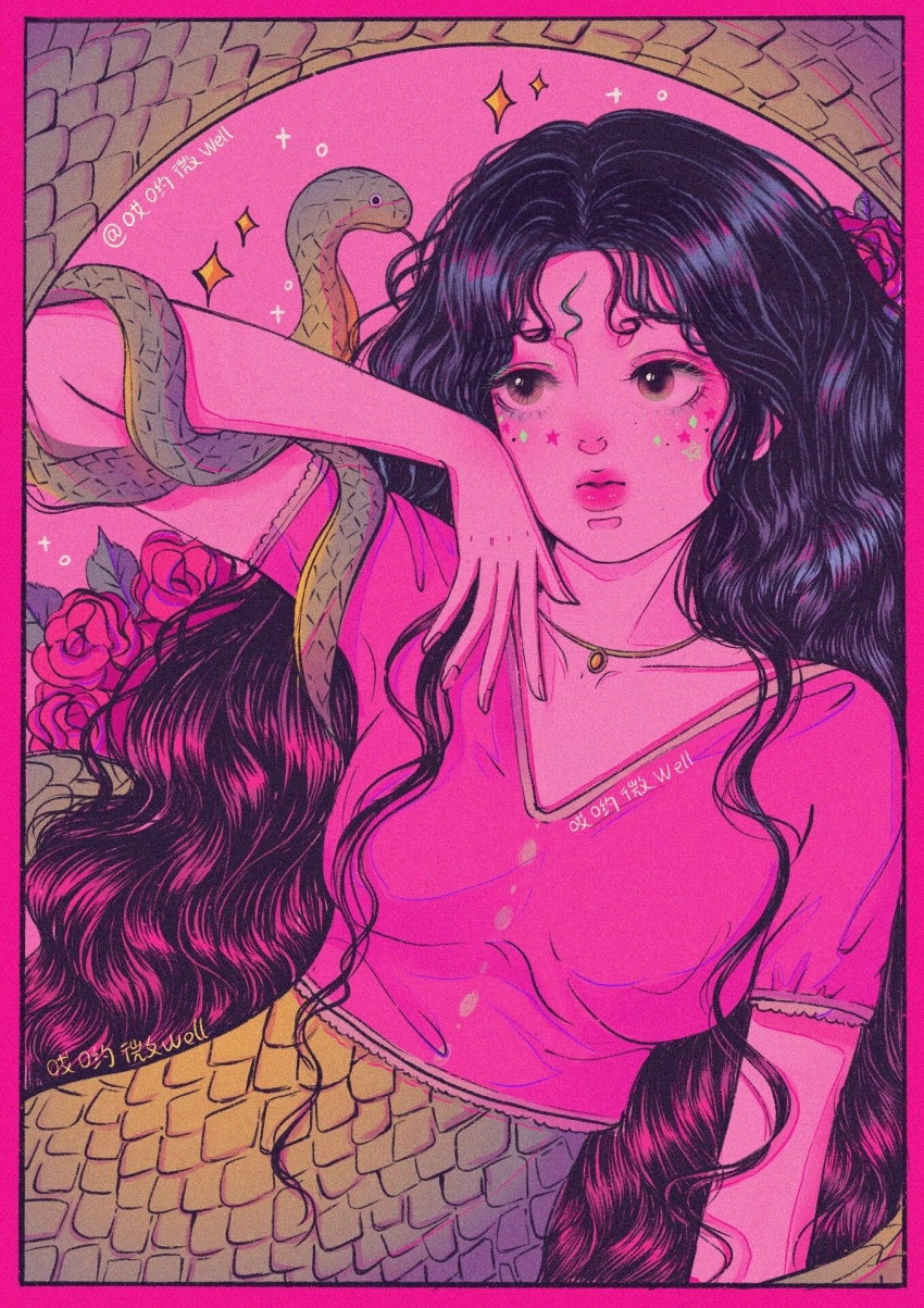 1girl ai_yo_wei_well arm_snake artist_name black_hair border breasts buttons chinese_commentary chinese_zodiac collarbone commentary_request diamond_on_cheek eyelashes eyeshadow facial_mark flower forehead_mark frilled_sleeves frills green_scales hand_on_own_cheek hand_on_own_face hazel_eyes highres jewelry lamia large_breasts leaf lipstick long_hair looking_at_animal makeup marking_on_cheek monster_girl necklace original pink_background pink_border pink_eyeshadow pink_lips pink_shirt red_flower red_rose rose shirt short_sleeves snake sparkle star_on_cheek tongue tongue_out upper_body v-neck very_long_hair wavy_hair year_of_the_snake