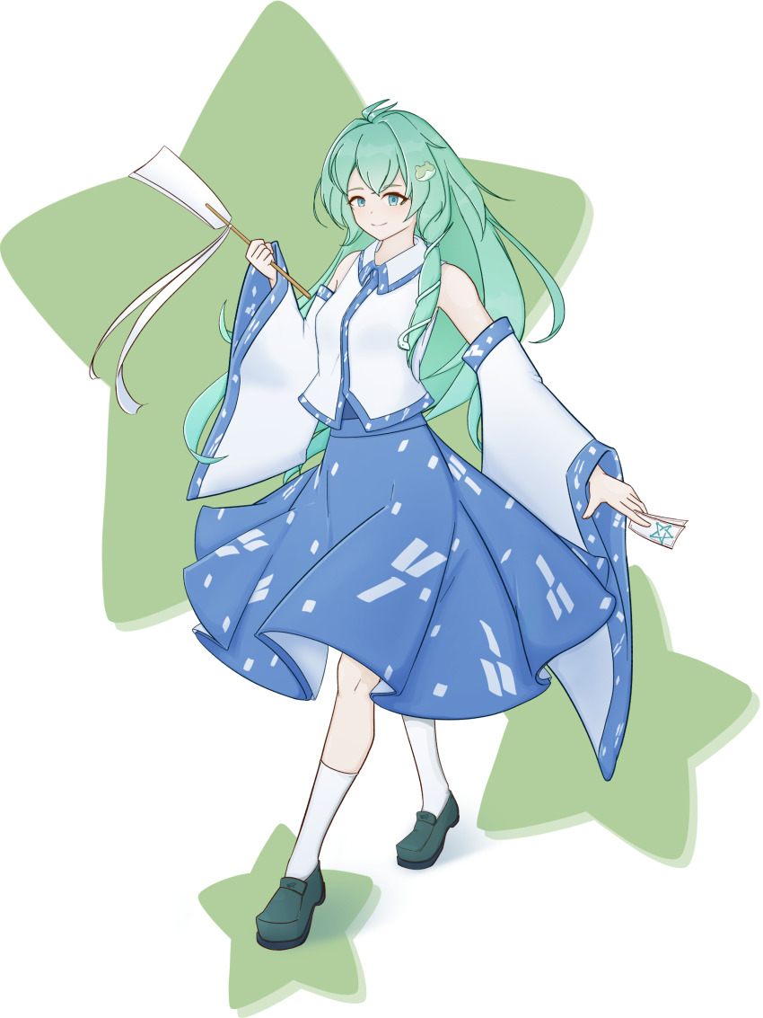 1girl absurdres antenna_hair bare_shoulders between_fingers black_shoes blue_eyes blue_skirt collared_shirt detached_sleeves dot_nose double-parted_bangs frog_hair_ornament gohei green_hair hair_ornament highres holding holding_gohei kneehighs kochiya_sanae light_blush loafers long_hair long_sleeves looking_at_viewer ofuda ofuda_between_fingers patterned_clothing print_skirt shirt shoes simple_background single_sidelock skirt skirt_set sleeveless sleeveless_shirt smile snake_hair_ornament socks solo star_(symbol) touhou trefle white_background white_socks wide_sleeves wing_collar