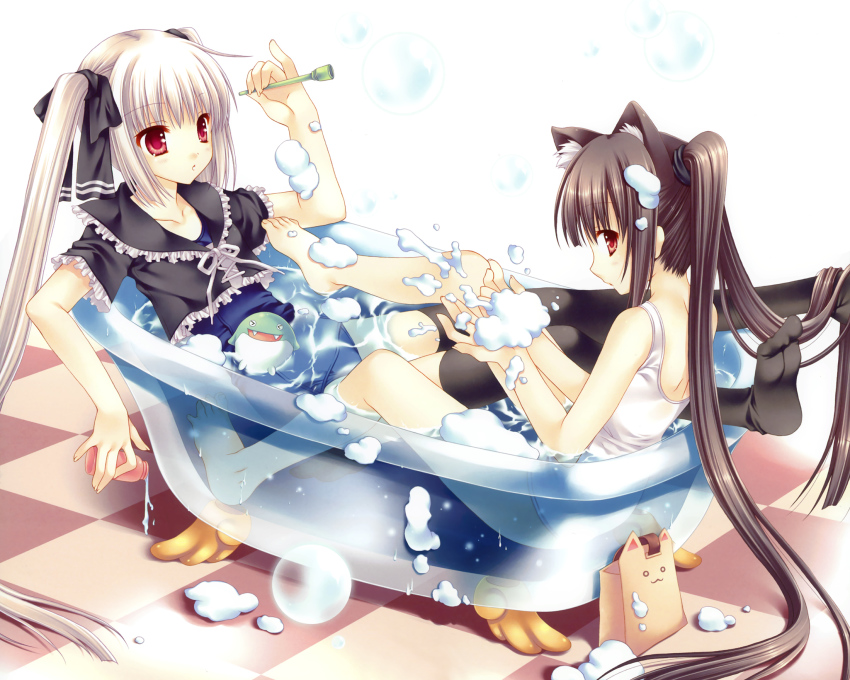 2girls animal_ears barefoot bath bathing bathtub black_hair black_legwear bubble cat_ears claw_foot_bathtub dolfini dual_persona feet hair_ribbon highres kooh long_hair multiple_girls no_shoes one-piece_swimsuit pangya papel pinky_out red_eyes ribbon same-sex_bathing school_swimsuit shared_bathing soap swimsuit swimsuit_under_clothes tatekawa_mako thighhighs toes twintails water wet white_hair white_one-piece_swimsuit white_school_swimsuit