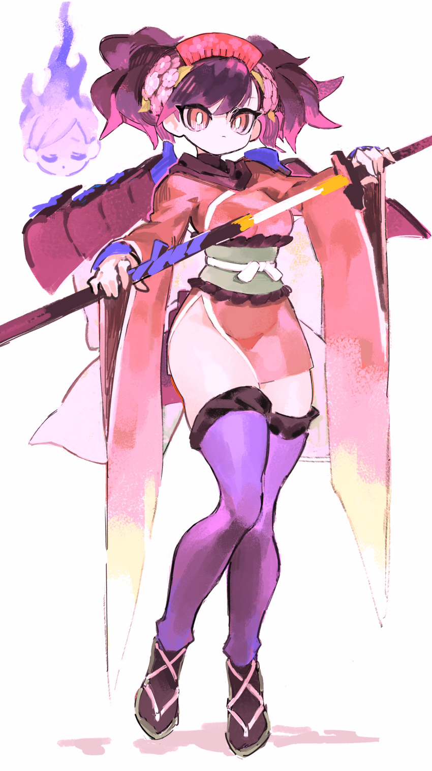 1girl absurdres armor black_hair breasts closed_mouth full_body ghost hair_ornament highres holding holding_weapon japanese_armor japanese_clothes katana kimono kusazuri legs liba_(leo8d) lips looking_at_viewer medium_breasts momohime oboro_muramasa purple_thighhighs red_eyes sandals sheath short_hair simple_background solo standing swept_bangs sword thick_thighs thighhighs thighs twintails unsheathing weapon wide_sleeves