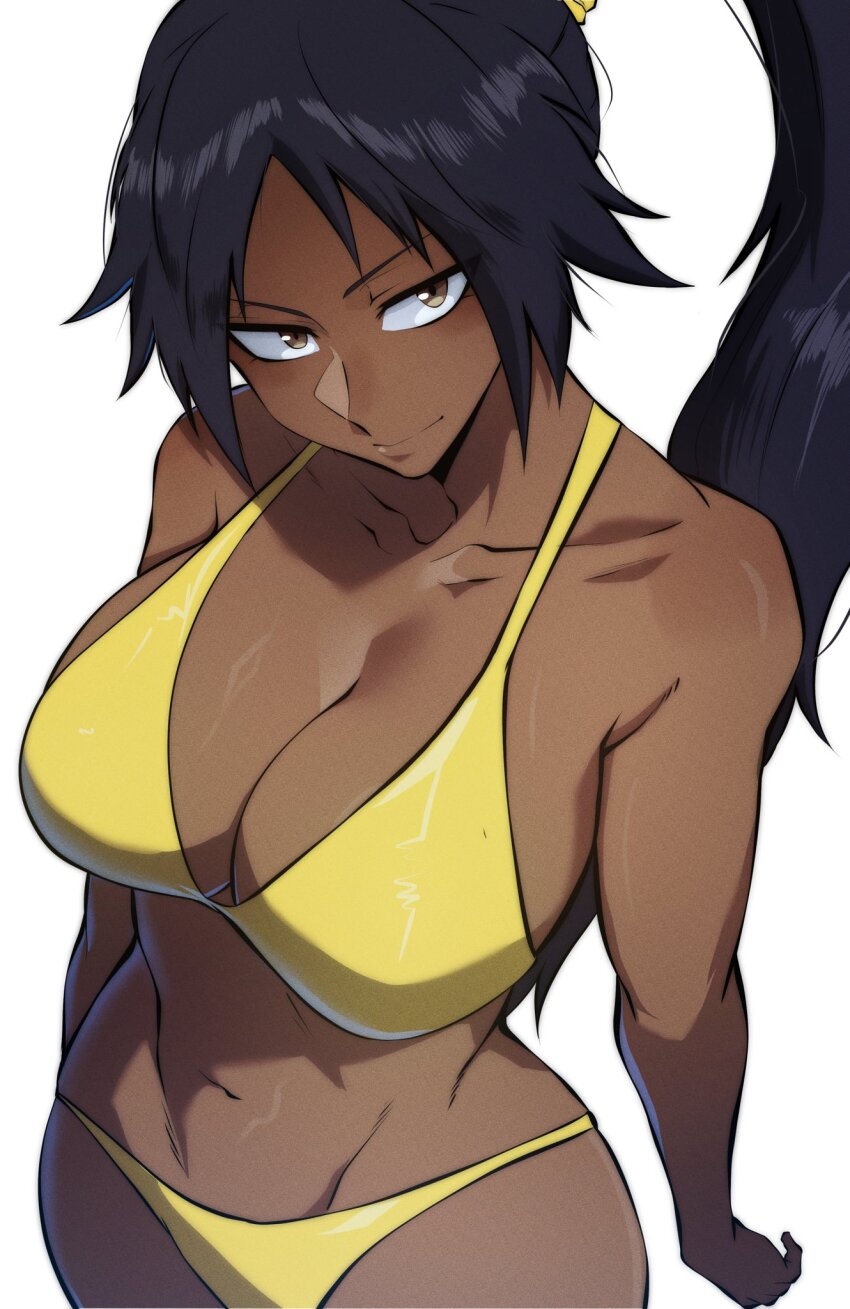 1girl bare_shoulders bikini bleach breasts cleavage closed_mouth collarbone dark-skinned_female dark_skin highres large_breasts long_hair looking_at_viewer medium_breasts navel parted_bangs ponytail purple_hair shihouin_yoruichi simple_background smile solo stomach string_bikini swimsuit thatamaan thighs toned toned_female white_background yellow_bikini yellow_eyes