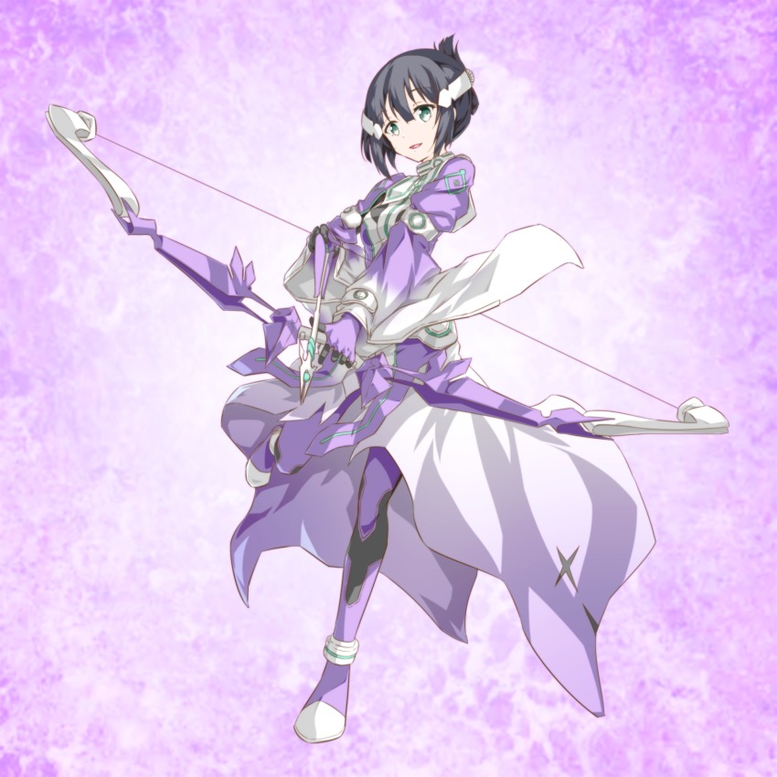 1girl arrow_(projectile) black_hair boots bow_(weapon) dress female_focus full_body gloves green_eyes hair_between_eyes hair_ornament highres holding holding_arrow holding_bow_(weapon) holding_weapon leg_up long_dress purple_background purple_boots purple_gloves sakuria short_hair smile solo standing standing_on_one_leg thigh_boots thighhighs washio_sumi washio_sumi_wa_yuusha_de_aru weapon yuuki_yuuna_wa_yuusha_de_aru yuusha_de_aru
