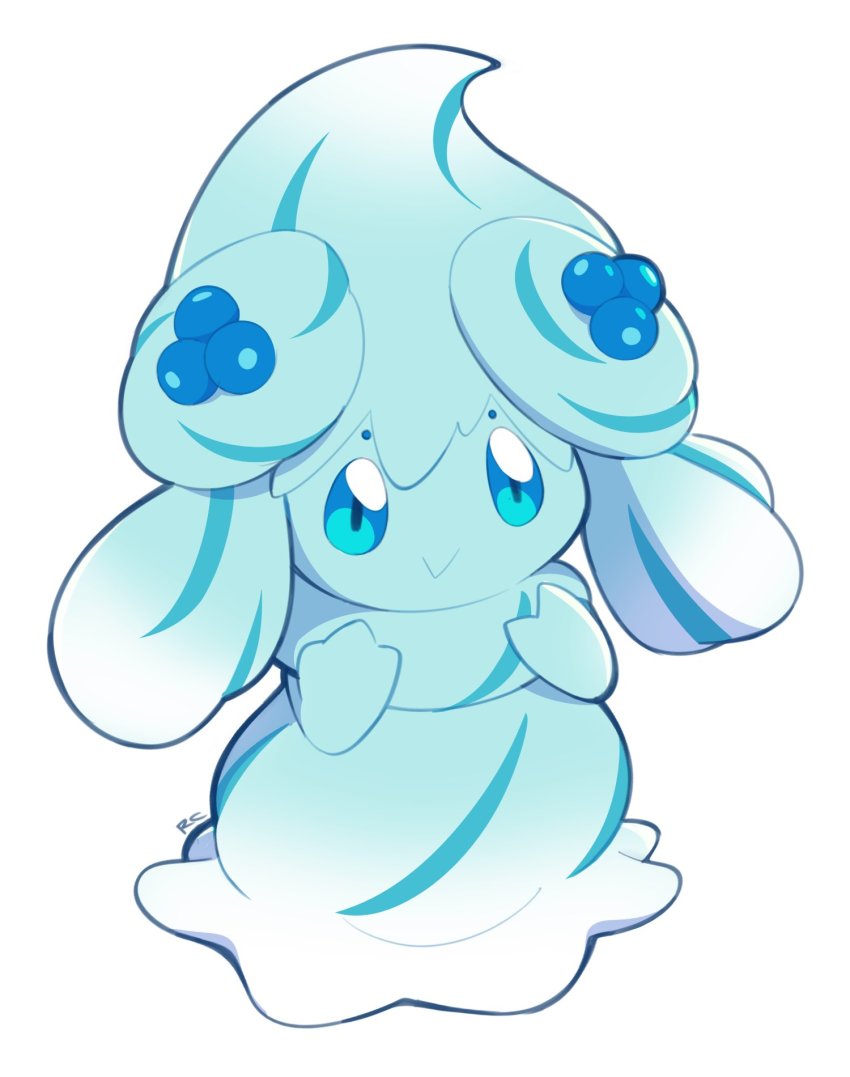 :&gt; alcremie alcremie_(berry_sweet) alcremie_(mint_cream) artsy-rc blue_theme blueberry commentary english_commentary food fruit full_body gen_8_pokemon highres looking_at_viewer nintendo no_humans pokemon pokemon_(creature) signature simple_background solo white_background