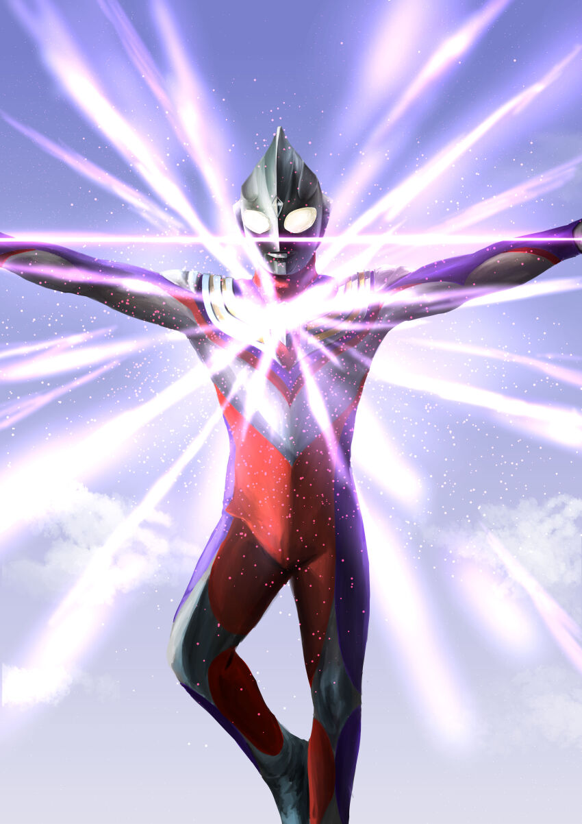 1boy absurdres alien armor arms_up battle blue_sky breastplate cloud cloudy_sky color_timer colored_skin commentary compound_eyes day dorsal_fin energy feet_out_of_frame forehead_jewel gattyo glowing glowing_eyes highres leg_up light_particles looking_down male_focus midair multi_type_(ultra_series) multicolored_skin outdoors outstretched_arms purple_skin red_skin silver_skin sky smoke smoke_trail solo solo_focus spread_arms tokusatsu ultra_series ultraman_dyna_(series) ultraman_tiga ultraman_tiga_&amp;_ultraman_dyna:_hikari_no_hoshi_no_senshi-tachi ultraman_tiga_(multi_type) ultraman_tiga_(series) white_eyes wrinkled_skin