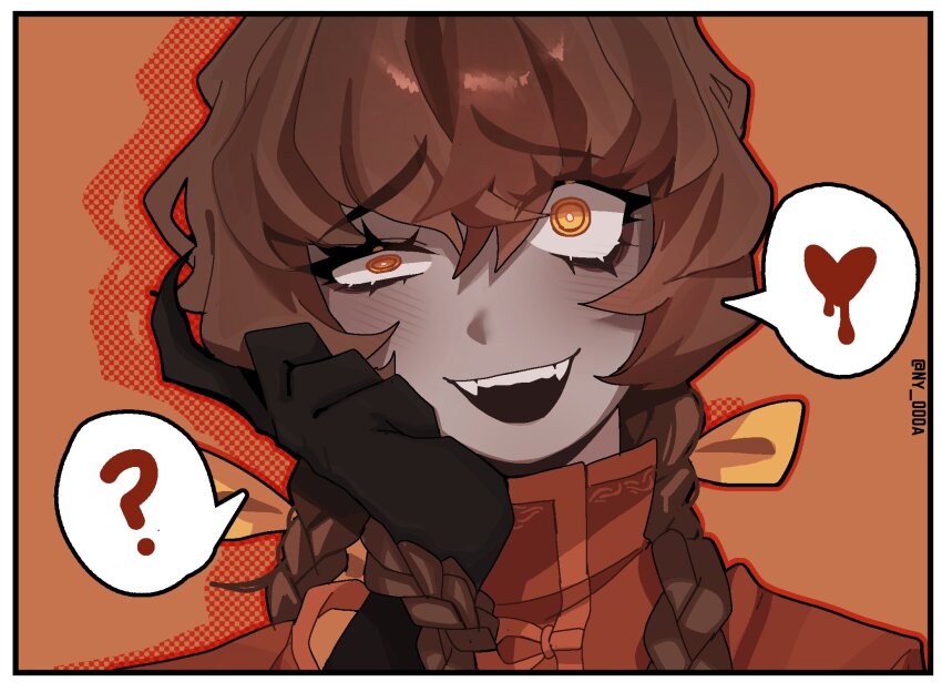 1boy ? black_skin bow braid brown_hair claws colored_skin fangs hair_bow hand_up heart highres jacket limbus_company long_hair looking_at_viewer ny_000a open_mouth orange_eyes project_moon red_jacket smile solo speech_bubble spoken_heart spoken_question_mark very_long_hair wide-eyed xue_pan_(project_moon) yellow_bow