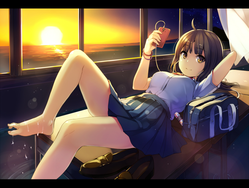 1girl ahoge arm_behind_head bag barefoot brown_eyes cellphone classroom desk earphones feet female_focus flood flooded horizon indoors lens_flare letterboxed long_hair looking_at_viewer lying ocean on_back on_desk original phone pleated_skirt school school_bag school_desk school_uniform shirt shoes short_sleeves sitting skirt smile soaking_feet solo sunset toes unasaka_ryou unworn_shoes water window