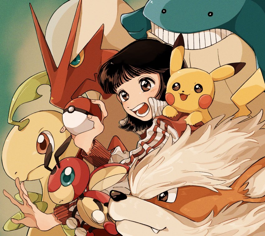 1girl arcanine bayleef blaziken blue_eyes blunt_bangs blush blush_stickers brown_eyes brown_hair gen_1_pokemon gen_2_pokemon gen_3_pokemon highres holding holding_poke_ball katao ledian long_sleeves nintendo open_mouth pikachu poke_ball poke_ball_(basic) pokemon pokemon_(creature) shadow short_hair solo upper_body wailmer