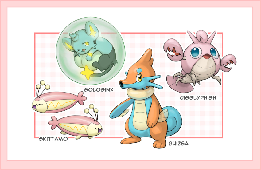 border buizel character_name commentary corphish fusion gen_1_pokemon gen_3_pokemon gen_4_pokemon gen_5_pokemon glowing horsea jigglypuff kazuko_(towa) nintendo no_humans one_eye_closed open_mouth pink_border pokemon pokemon_(creature) shinx skitty solosis tynamo yellow_eyes