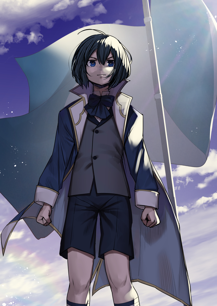 1boy absurdres ahoge ars_louvent blue_bow blue_bowtie blue_eyes blue_hair blue_jacket blue_shorts bow bowtie clenched_hands closed_mouth flag grey_vest hair_between_eyes highres jacket looking_at_viewer serious short_hair shorts solo sunlight tensei_kizoku_kantei_skill_de_nariagaru tomokoeshi vest