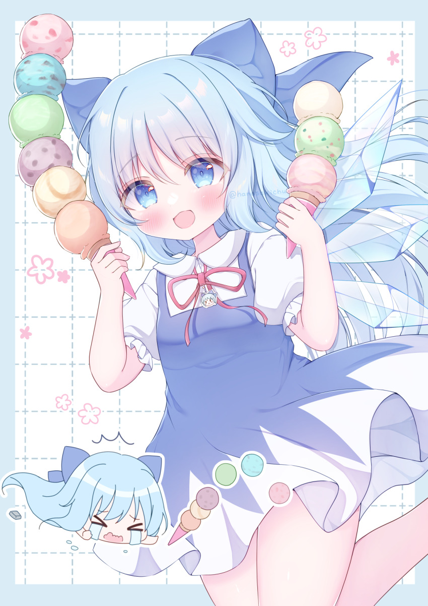 &gt;_&lt; 1girl ^^^ alternate_hairstyle blue_background blue_eyes blue_hair bow bowtie chibi chibi_inset cirno commentary_request dress feet_out_of_frame flower food grid_background hanasakichu highres holding holding_ice_cream_cone ice ice_cream ice_cream_cone ice_wings long_hair looking_at_viewer open_mouth pinafore_dress puffy_short_sleeves puffy_sleeves red_bow red_bowtie shirt short_sleeves sidelocks simple_background sleeveless sleeveless_dress smile t_t thighs touhou tripping white_background white_shirt wings