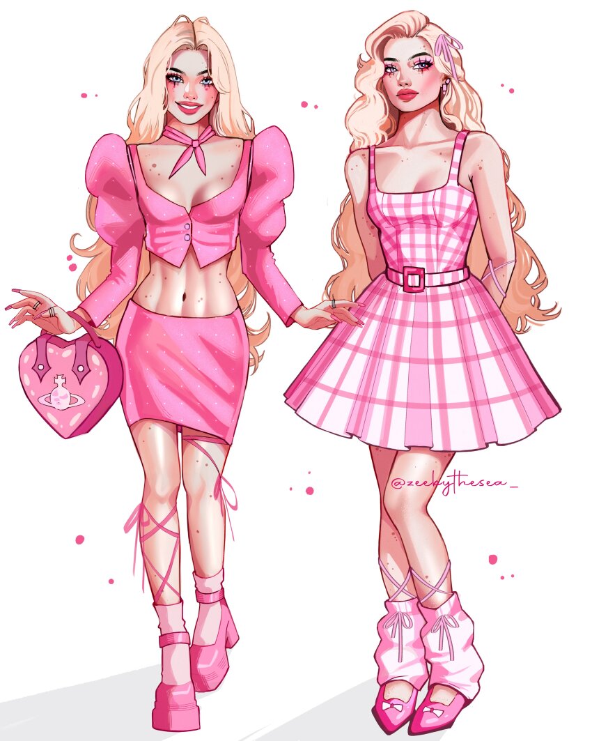1girl absurdres alternate_costume arms_behind_back bag barbie_(character) barbie_(franchise) barbie_(live_action) blonde_hair blue_eyes bow bow_choker breasts choker cleavage collarbone crop_top dress earrings eyelashes eyeshadow fingernails footwear_bow forehead full_body hair_ribbon handbag highres jewelry juliet_sleeves kitten_heels leg_ribbon leg_warmers light_blush long_fingernails long_hair long_sleeves looking_at_viewer looking_to_the_side makeup margot_robbie medium_breasts midriff mole mole_on_arm mole_on_cheek mole_on_chest mole_on_forehead mole_on_leg mole_on_neck mole_on_stomach mole_under_each_eye mole_under_eye multiple_moles multiple_rings nail_polish navel parted_bangs pink_bag pink_bow pink_dress pink_eyeshadow pink_leg_warmers pink_lips pink_nails pink_ribbon pink_shoes pink_skirt pink_socks plaid_clothes plaid_dress platform_heels polka_dot polka_dot_shirt polka_dot_skirt puffy_sleeves ribbon ring shirt shoes skirt sleeveless sleeveless_dress smile socks standing teeth thick_eyebrows thick_lips twitter_username two-tone_dress very_long_hair vivienne_westwood walking wavy_hair white_background white_dress zeebythesea