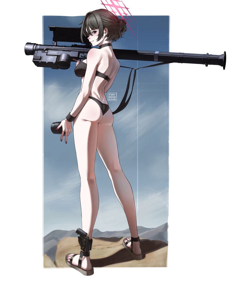 1girl absurdres ankle_holster artist_name ass bare_legs bikini black_bikini black_choker black_hair blue_archive breasts choker closed_mouth earrings feet fim-92_stinger fingernails full_body gun hair_between_eyes halo handgun highres holding holding_rocket_launcher holding_weapon holster holstered jewelry legs_apart light_blush looking_at_viewer medium_breasts misaki_(blue_archive) misaki_(swimsuit)_(blue_archive) mountainous_horizon nail_polish official_alternate_costume profile puto_trash red_halo red_nails revolver rocket_launcher ruger_lcr sandals shadow short_hair sideways_glance smile solo standing stud_earrings swimsuit toes trigger_discipline weapon yellow_eyes