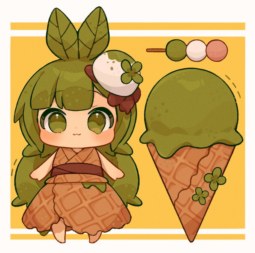 1girl :3 antenna_hair barefoot blush brown_jacket brown_sash brown_shirt chibi closed_mouth commentary_request dango food food-themed_clothes food-themed_hair_ornament green_eyes green_hair hair_ornament highres ice_cream ice_cream_cone jacket long_hair matcha_(food) melting_eyes mochi original personification sanshoku_dango shirt skirt skirt_set sleeveless sleeveless_jacket solo standing tetolapis very_long_hair wagashi