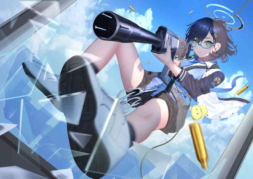 1girl absurdres aiming assault_rifle black_skirt blue-framed_eyewear blue_archive blue_hair blue_halo blue_jacket blue_necktie blue_sky blue_sweater_vest breaking_through_window broken_glass chihiro_(blue_archive) collared_shirt commentary_request glass glass_shards glasses green_eyes gun hair_ornament halo highres holding holding_gun holding_weapon itsuki_toiro jacket miniskirt motion_blur multicolored_jacket necktie open_clothes open_jacket outdoors pleated_skirt rabbit_hair_ornament rifle semi-rimless_eyewear shell_casing shirt shoes short_hair skirt sky solo stuffed_animal stuffed_toy sweater_vest two-tone_jacket under-rim_eyewear weapon white_jacket white_shirt white_shoes