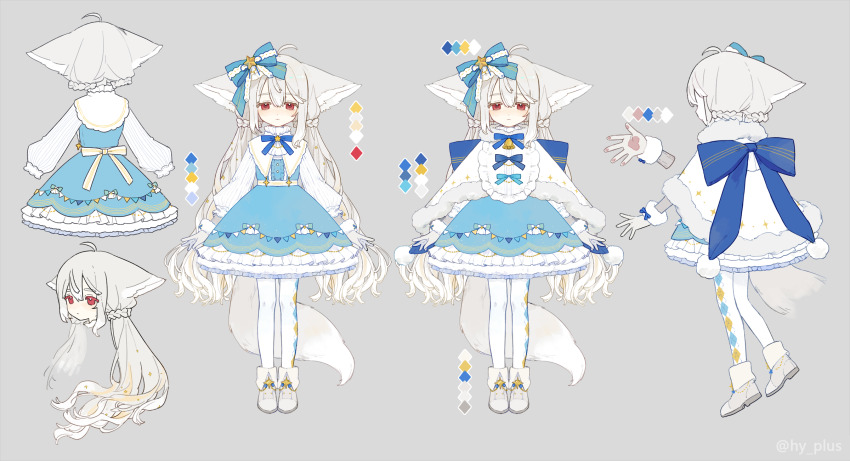 1girl ahoge animal_ear_fluff animal_ears argyle_clothes argyle_pantyhose ascot bacheally back back_bow bell bib blue_bow blue_dress boots bow bowtie brown_footwear capelet reference_sheet child collar color_guide cropped_head cropped_torso dress ears_down facing_ahead fox_ears fox_girl fox_tail frilled_collar frilled_dress frills full_body fur-trimmed_capelet fur-trimmed_gloves fur_trim gloves grey_background hair_between_eyes hair_bow high_collar highres large_bow large_ears large_tail layered_dress long_hair long_sleeves looking_at_viewer multiple_views open_hand original pantyhose print_dress red_eyes sakurada_shiro_(hy_plus) shirt simple_background standing star_(symbol) star_print striped_clothes striped_dress tail twitter_username very_long_hair white_capelet white_gloves white_hair white_pantyhose white_shirt winter_clothes