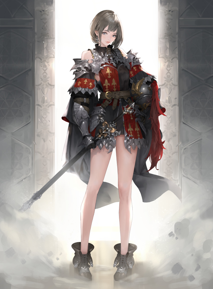 1girl absurdres ankle_boots armor armored_dress bare_legs belt black_boots black_dress black_gloves boots breasts brown_belt closed_mouth commentary dated_commentary dress earrings english_commentary full_body gloves grey_eyes grey_hair helmet highres holding holding_helmet holding_sword holding_weapon jewelry jung_wonjo lips looking_at_viewer medium_breasts medium_hair original pink_lips red_dress solo standing sword two-tone_dress unworn_headwear unworn_helmet vambraces weapon